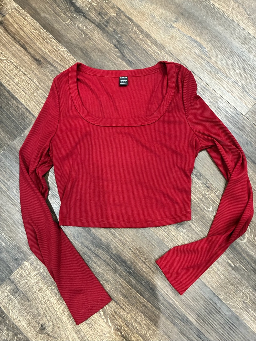 SHEIN Red Ribbed Long Sleeve Square Neck Crop Top